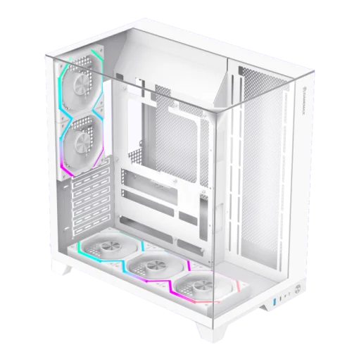 Cod. 372 Case GAMEMAX Infinity Pro WH / ATX / USB 3.0/USB-C / Diseño Vista Panorámica 3 lados vidrios templados / admite: refri. líquida 360° &amp; VGA 400mm / Incluye 5*fans ARGB 120mm (2*Post., 3*Infe.) + Controlador RGB AURA Sync