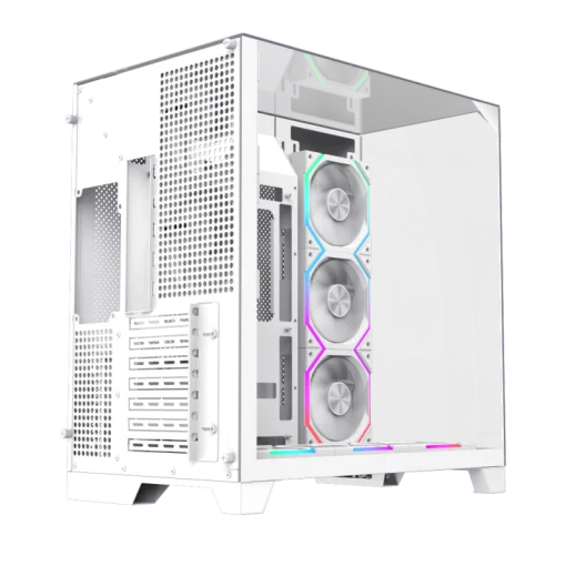 Cod. 372 Case GAMEMAX Infinity Pro WH / ATX / USB 3.0/USB-C / Diseño Vista Panorámica 3 lados vidrios templados / admite: refri. líquida 360° &amp; VGA 400mm / Incluye 5*fans ARGB 120mm (2*Post., 3*Infe.) + Controlador RGB AURA Sync