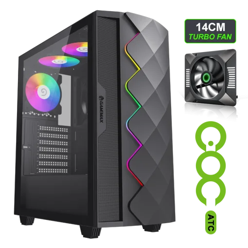 Cod. G:400 Case GAMEMAX Diamond CP BLACK / ATX / Panel frontal Efecto corte en diamante y tira LED ARGB / Diseño puerta deslizante / tapa lateral vidrio templado / USB3.0 + USB 2.0 / admite VGA 340mm / Incluye 4*Fans (1*Fan Turbo 14CM COC P/MB + 3*Fans 12
