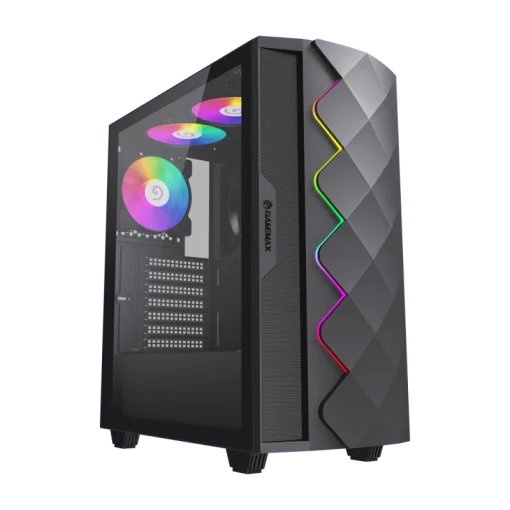 Cod. G:400 Case GAMEMAX Diamond CP BLACK / ATX / Panel frontal Efecto corte en diamante y tira LED ARGB / Diseño puerta deslizante / tapa lateral vidrio templado / USB3.0 + USB 2.0 / admite VGA 340mm / Incluye 4*Fans (1*Fan Turbo 14CM COC P/MB + 3*Fans 12