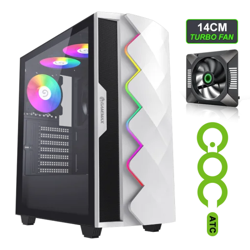 Cod. 401 Case GAMEMAX Diamond CP White / ATX / Panel frontal Efecto corte en diamante y tira LED ARGB / Diseño puerta deslizante / tapa lateral vidrio templado / USB3.0 + USB 2.0 / admite VGA 340mm / Incluye 4*Fans (1*Fan Turbo 14CM COC P/MB + 3*Fans 12CM