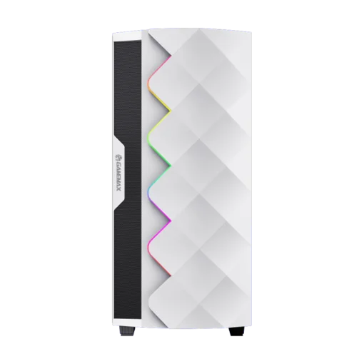 Cod. 401 Case GAMEMAX Diamond CP White / ATX / Panel frontal Efecto corte en diamante y tira LED ARGB / Diseño puerta deslizante / tapa lateral vidrio templado / USB3.0 + USB 2.0 / admite VGA 340mm / Incluye 4*Fans (1*Fan Turbo 14CM COC P/MB + 3*Fans 12CM