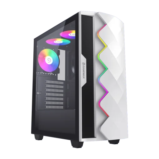 Cod. 401 Case GAMEMAX Diamond CP White / ATX / Panel frontal Efecto corte en diamante y tira LED ARGB / Diseño puerta deslizante / tapa lateral vidrio templado / USB3.0 + USB 2.0 / admite VGA 340mm / Incluye 4*Fans (1*Fan Turbo 14CM COC P/MB + 3*Fans 12CM