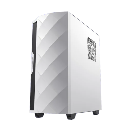 Cod. 401 Case GAMEMAX Diamond CP White / ATX / Panel frontal Efecto corte en diamante y tira LED ARGB / Diseño puerta deslizante / tapa lateral vidrio templado / USB3.0 + USB 2.0 / admite VGA 340mm / Incluye 4*Fans (1*Fan Turbo 14CM COC P/MB + 3*Fans 12CM
