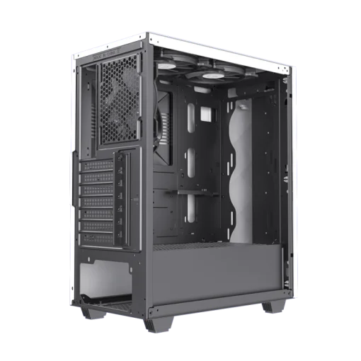 Cod. 401 Case GAMEMAX Diamond CP White / ATX / Panel frontal Efecto corte en diamante y tira LED ARGB / Diseño puerta deslizante / tapa lateral vidrio templado / USB3.0 + USB 2.0 / admite VGA 340mm / Incluye 4*Fans (1*Fan Turbo 14CM COC P/MB + 3*Fans 12CM