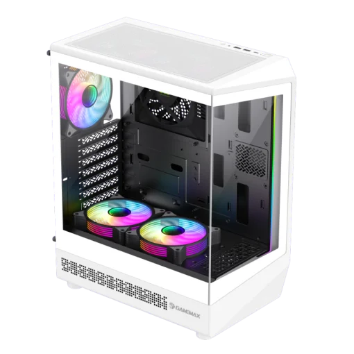 Cod. 350 Case GAMEMAX Vista COC AW WH/ ATX / USB-C, USB3.0, USB2.0 / panorámica de 262° vidrio templado / Arquitectura de refrigeración y overclocking COC 1*Turbo Fan P/MB / Incluye 5*Fans 120mm ARGB