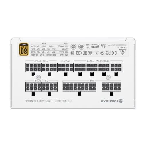 Cod. 156 Fuente de Poder GAMEMAX GX750 PRO WH (ATX3.1 PCIe5.1) Modular / 750Watts / Certificada 80 Plus Gold / Compatible ATX3.1 y PCIe5.1 (conexión 12V-2x6 P/tarjetas GPU RTX40) /135MM Ventilador /100-240V / ATX