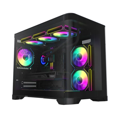 Cod. 346 Case GAMEMAX HYPE-M BK / M-ATX / 1*USB3.0, 2*USB2.0 / vidrio templado curvo panorámico / admite tarjetas NVIDIA Serie 4000 &amp; refri. líquida 360° / Incluye 3*Fans 120mm ARGB + Controlador PWM ARGB HUB