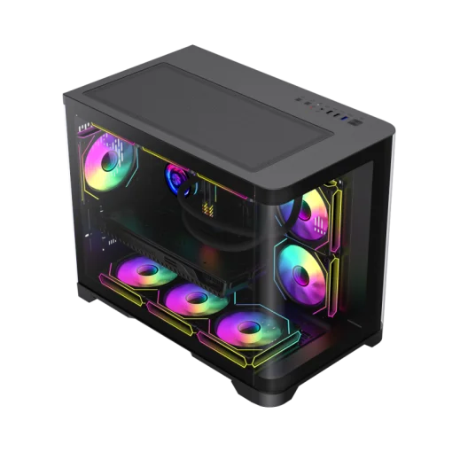 Cod. 346 Case GAMEMAX HYPE-M BK / M-ATX / 1*USB3.0, 2*USB2.0 / vidrio templado curvo panorámico / admite tarjetas NVIDIA Serie 4000 &amp; refri. líquida 360° / Incluye 3*Fans 120mm ARGB + Controlador PWM ARGB HUB