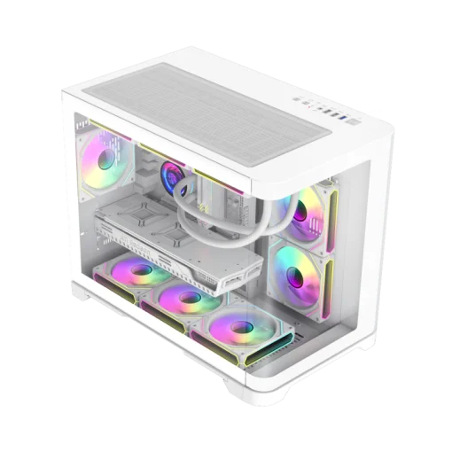 Cod. 347 Case GAMEMAX HYPE-M WH / M-ATX / 1*USB3.0, 2*USB2.0 / vidrio templado curvo panorámico / admite tarjetas NVIDIA Serie 4000 &amp; refri. líquida 360° / Incluye 3*Fans 120mm ARGB + Controlador PWM ARGB HUB