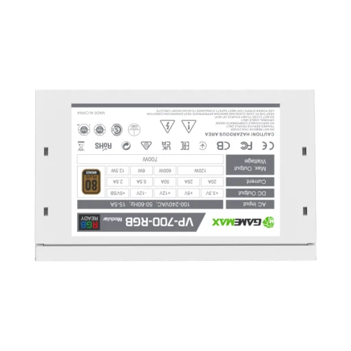 Cod. 145 Fuente de Poder GAMEMAX VP-700-M-RGB WH / Semi-Modular / Certificado 80 Plus Bronze / 700Watts / 12CM Ventilador RGB / ATX P/PC
