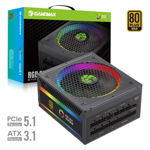 Cod. 166  Fuente de Poder GAMEMAX RGB-SMART 850 PRO (ATX3.1 PCIe5.1) BK / Full Modular / 850WATTS / Certificada 80+ Gold / Compatible ATX3.1 y PCIe5.1 (EPS 12V 2.92 P/ultima tarjetas RTX 40/50) / 14CM ARGB FAN (25 Modos de iluminación) Aura SYNC ASUS, GIG