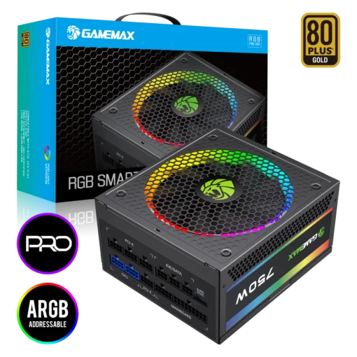 Cod. 160 Fuente de Poder GAMEMAX RGB-750 PRO BK / Modular / 750WATTS / Certificada 80 Plus Gold / 14CM ARGB FAN (25 Modos de iluminación) Aura SYNC ASUS, GIGABYTE, MSI ASRock