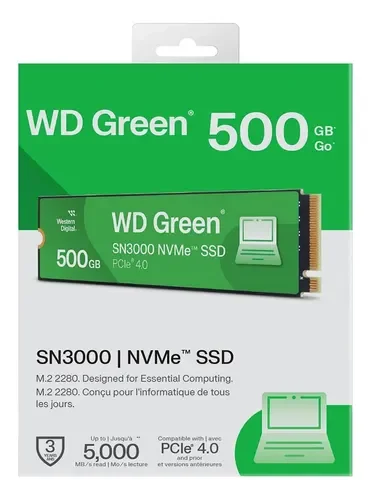 Cod. SN:522 SSD WD Green&trade; SN3000 M.2 500GB / 5.000MB/s Lectura y escritura 4.100MB/s / 2280 / PCIe Gen4 x4, NVMe&trade;